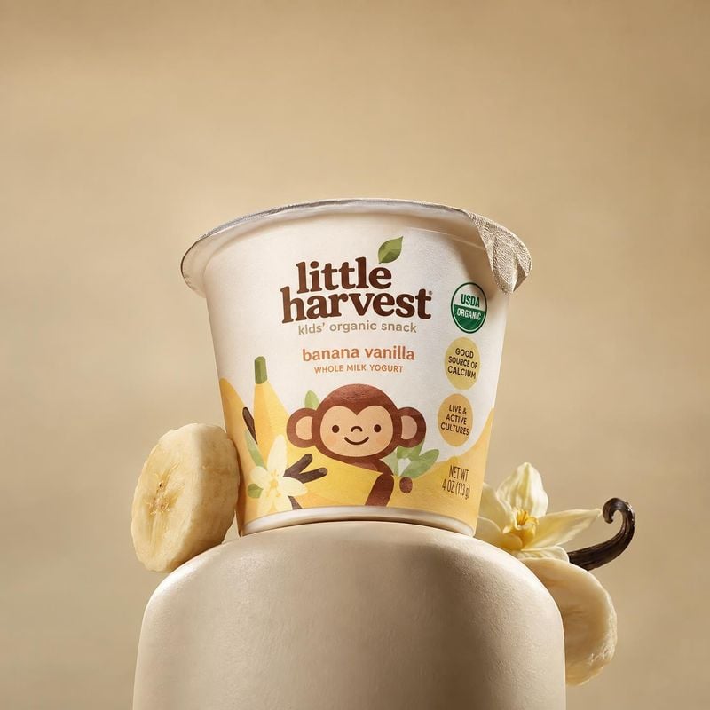 banana vanilla whole milk yogurt ingredients product photo: A cup of banana vanilla yogurt sits on a sculptural cream-colored pedestal with banana and vanilla…