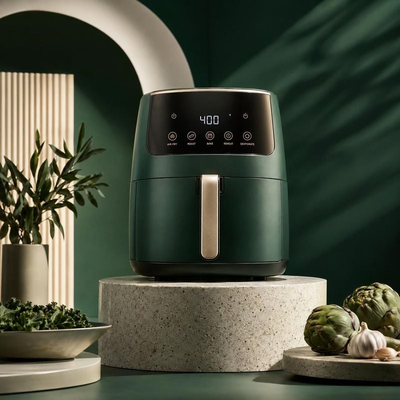 air fryer lifestyle scene product photo: A dark green air fryer sits on a stone plinth among leafy greens, artichokes and garlic in a sculptural kitchen-inspir…