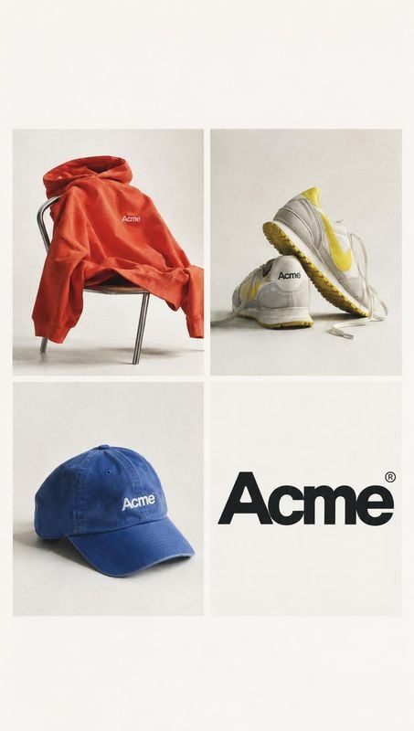 apparel, sneakers, and cap group lineup product photo: A clean four-panel studio collage shows an orange sweatshirt draped over a chair, pale sneakers with yel…