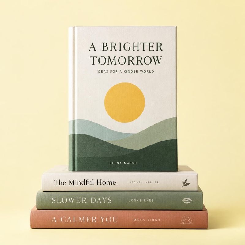 stack of books book product photo: A stack of softly colored hardcover books is arranged against a warm pale-yellow studio backdrop, with the upright illustrat…
