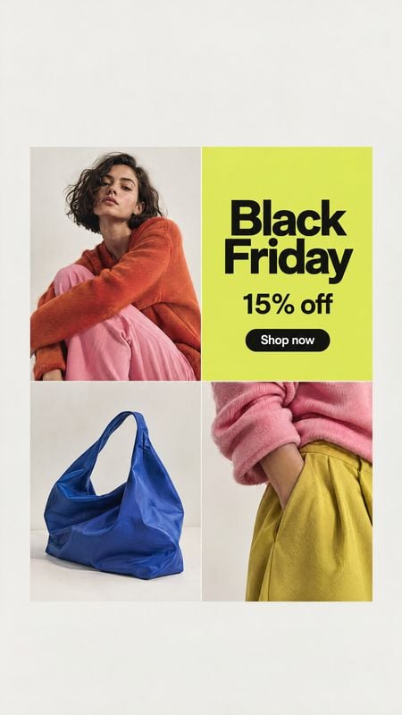 blue fabric tote bag and colorful clothing close-up detail product photo: A fashion collage pairs a casually posed model in an orange sweater and pink trousers…