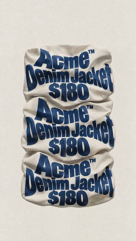 denim jackets flat lay product photo: Three folded cream denim jackets are stacked against a warm off-white background, with bold navy product lettering creati…