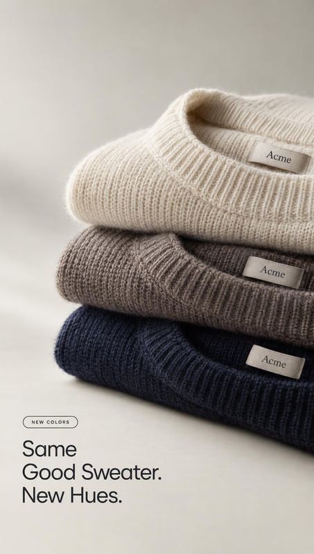 knit sweaters close-up detail product photo: Three rib-knit sweaters in cream, taupe, and navy are stacked on a softly lit neutral studio surface, with promine…