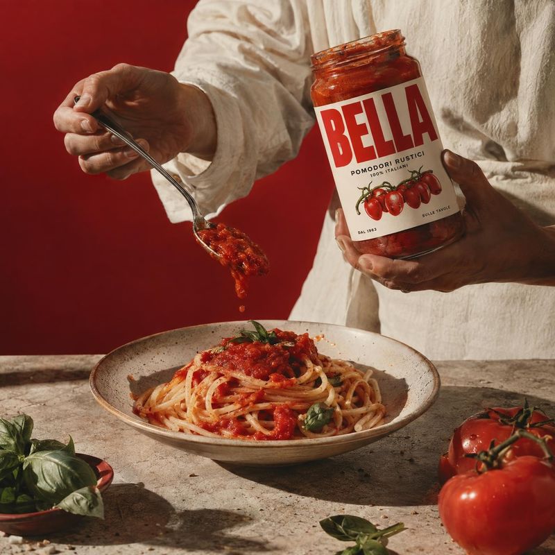 tomato sauce product in hand product photo: A person in a white linen shirt holds a jar of rustic tomato sauce and serves it over spaghetti, styled with fresh…