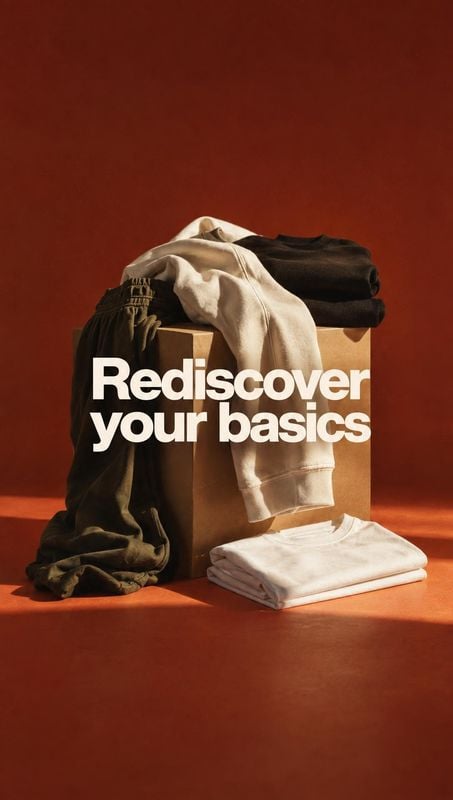 folded basic apparel group lineup product photo: Folded neutral-toned basics are draped over a block against a rust-red studio backdrop, with bold white headli…