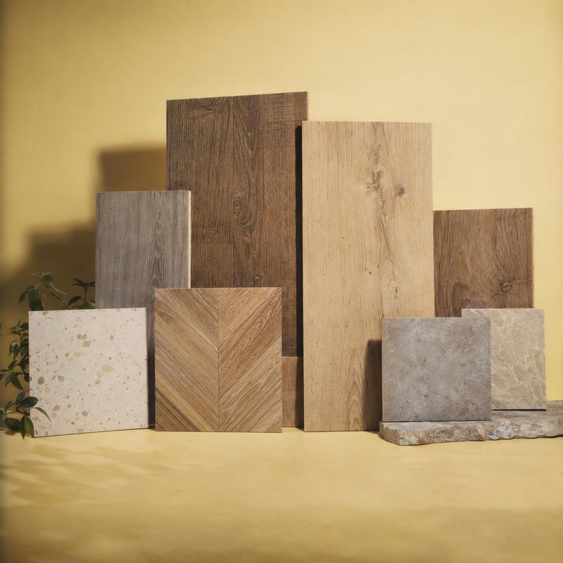 flooring and surface material samples texture / swatch product photo: Wood and stone surface samples are arranged in layered heights against a warm yellow stud…