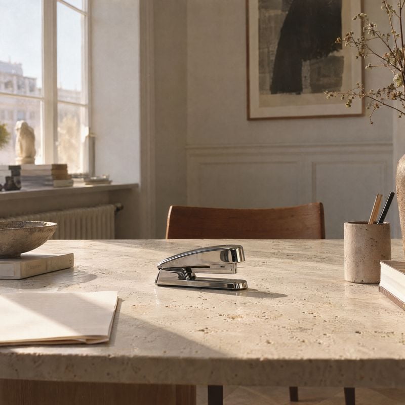 metal stapler product photo: A polished metal stapler sits on a stone desk in a softly lit, neutral-toned study with books and stationery nearby.