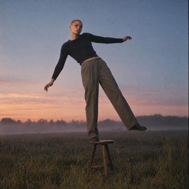 men's clothing action & motion product photo: A man in a dark knit top and loose trousers balances on a wooden stool in a grassy field, framed against a dusky…