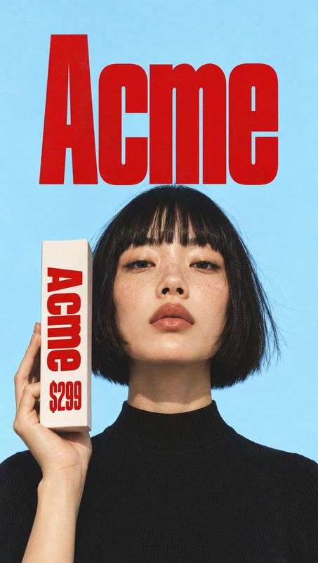 boxed product product in hand product photo: A woman with a short dark bob holds a white box marked “Acme” and “$299” against a bright blue backdrop, with over…