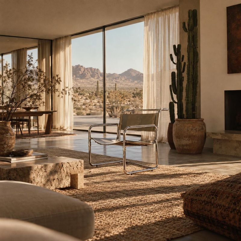 accent chair interior space product photo: A chrome-framed accent chair sits in a warm, sunlit desert-modern living room with natural textures, sheer curtains,…