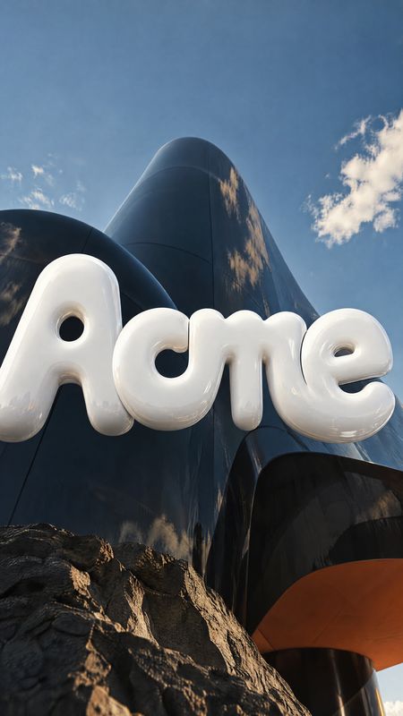 exterior / architecture product photo: A low-angle view of a dark sculptural building topped with oversized glossy white “Acme” letters, set against a blue sky…