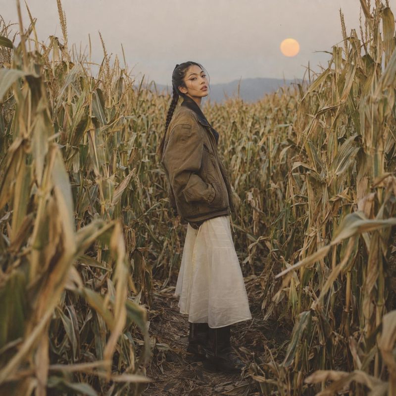 fashion outfit autumn product photo: A woman in a brown jacket, pale skirt, and dark boots stands among dry corn stalks at sunset, with muted golden light crea…