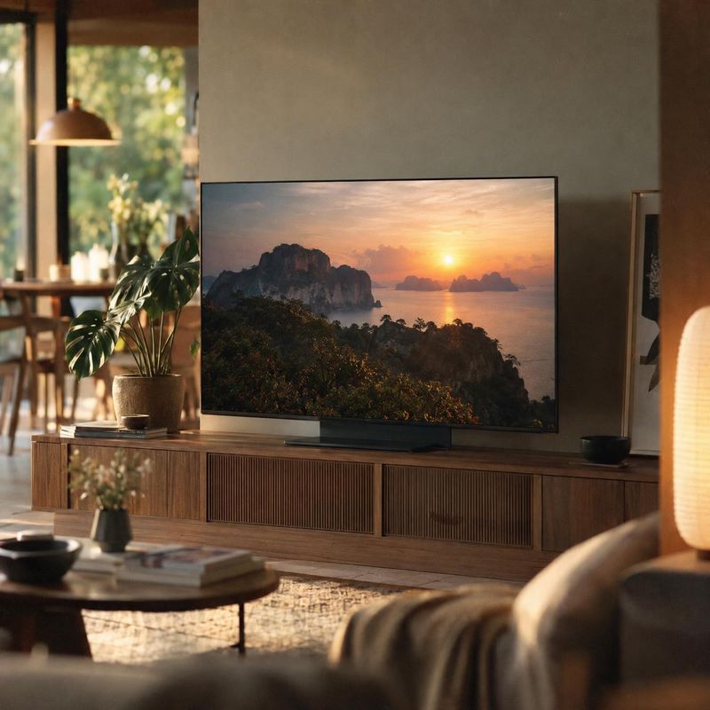 television interior space product photo: A large flat-screen television displaying a warm sunset over a tropical coastline anchors a softly lit living room wit…