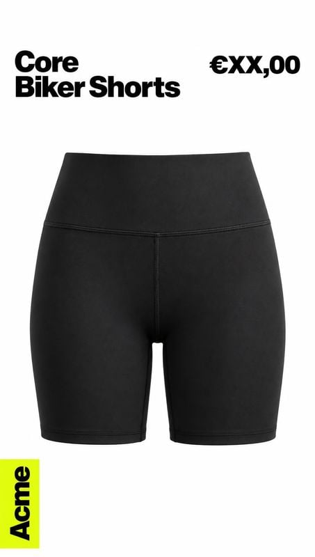 black biker shorts packshot product photo: Black biker shorts are centered on a clean white background beneath bold product and price typography, with a bright…