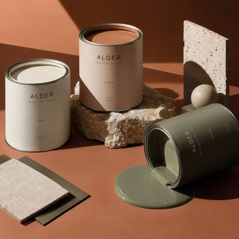 interior paint cans splash / pour product photo: Three muted-toned interior paint cans are arranged with stone and paint-sample props against a warm terracotta…