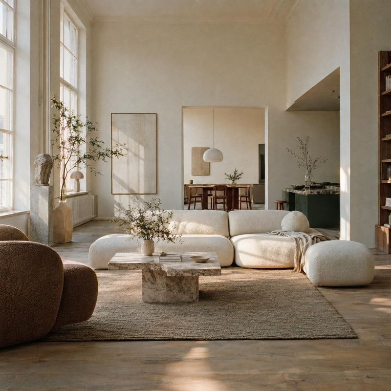 sofa interior space product photo: A sculptural cream sofa and stone coffee table sit in a serene, neutral-toned living room, warmed by soft sunlight streaming…