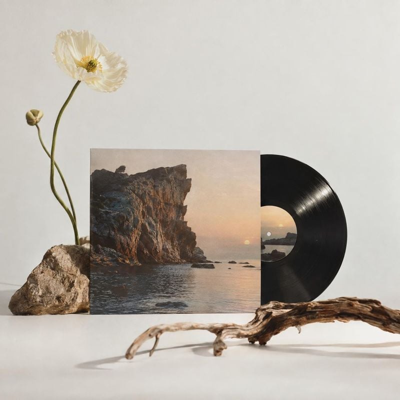 vinyl record and album sleeve book product photo: A black vinyl record and scenic album sleeve are styled with a white flower, natural stone, and driftwood aga…
