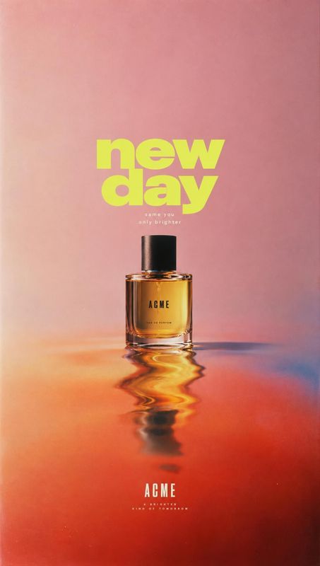 perfume packshot product photo: An amber perfume bottle stands against a softly blended pink, orange, and red backdrop, its reflection rippling below, with bol…
