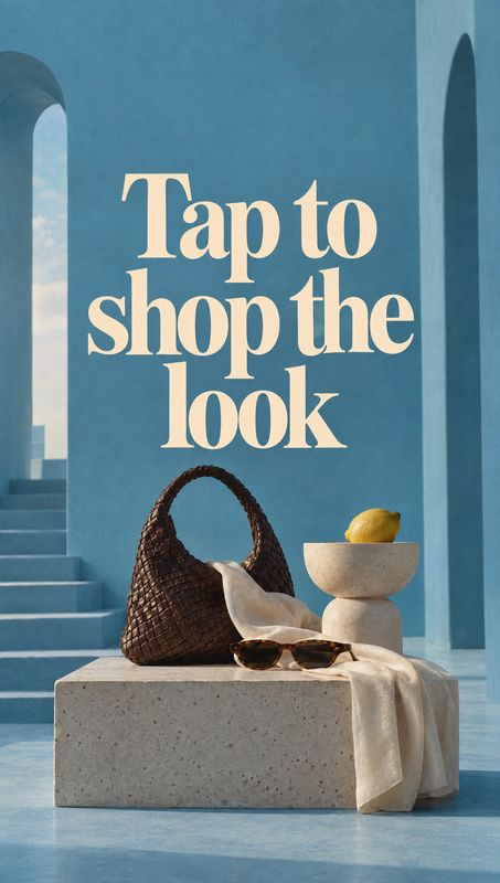 woven handbag jewelry product photo: A woven brown handbag, sunglasses, and a draped cream cloth are arranged on a stone pedestal in a sunlit blue architectura…