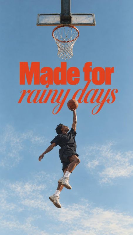basketball sneakers action & motion product photo: A basketball player leaps toward the hoop against a bright blue sky, with bold orange headline typography an…