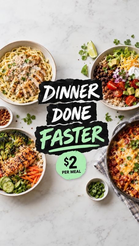 prepared meals flat lay product photo: An overhead arrangement of colorful prepared meals on a pale marble surface frames bold black-and-green lettering and a…