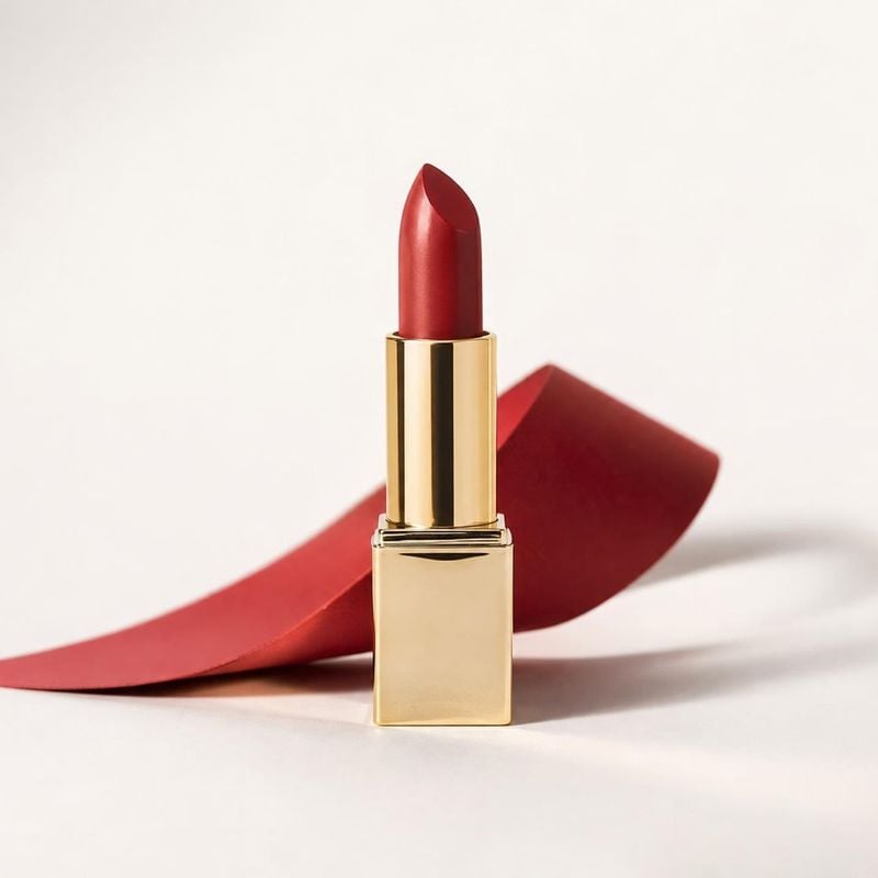 red lipstick beauty product photo: An open red lipstick in a polished gold tube stands against a clean white studio background, with a sweeping red ribbon addi…