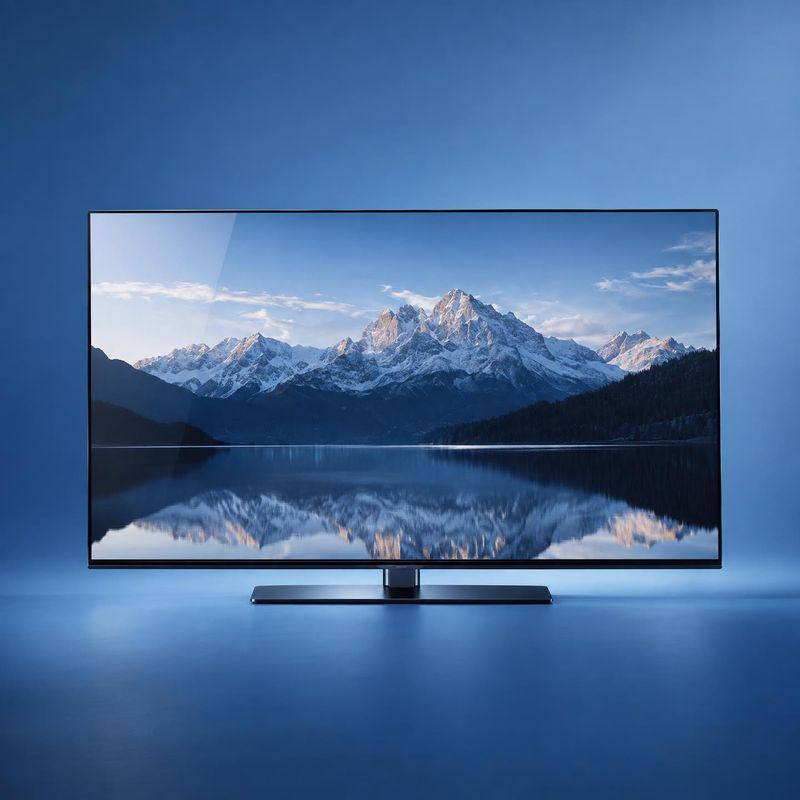 television electronics product photo: A sleek flat-screen television stands centered against a seamless blue studio backdrop, displaying a crisp mountain-and-l…