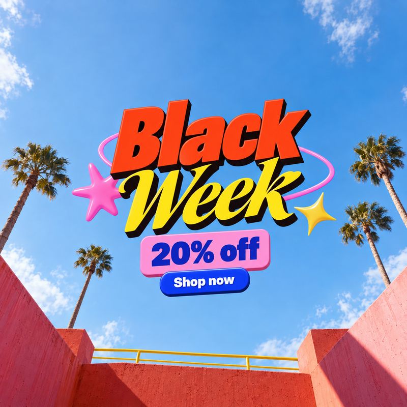 exterior / architecture product photo: A bold Black Week discount graphic floats above a sunlit pink concrete walkway, framed by palm trees against a bright bl…