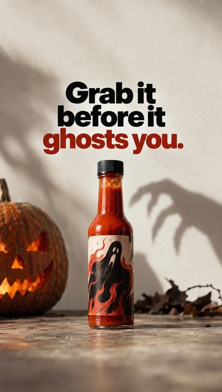 hot sauce halloween product photo: A hot sauce bottle stands on a tabletop beside a glowing carved pumpkin and scattered leaves, with dramatic shadows and bold…