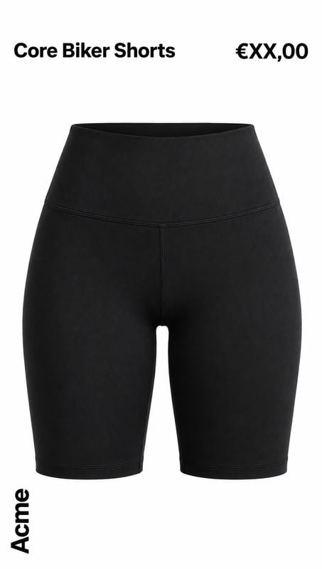 black biker shorts packshot product photo: Black biker shorts are centered against a clean white studio background, with bold product-name and price text above…