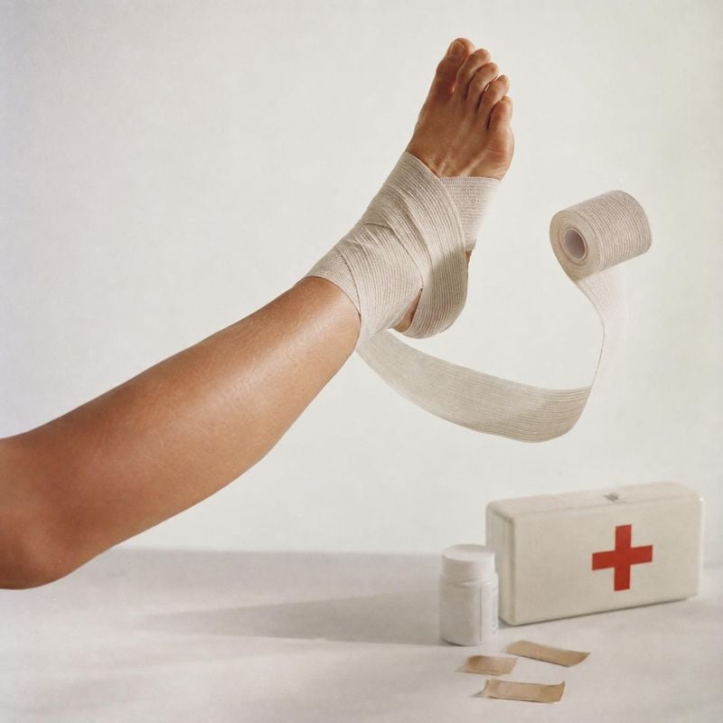 elastic bandage wrap action & motion product photo: A foot and lower leg are wrapped in a beige elastic bandage as its roll appears suspended against a clean o…