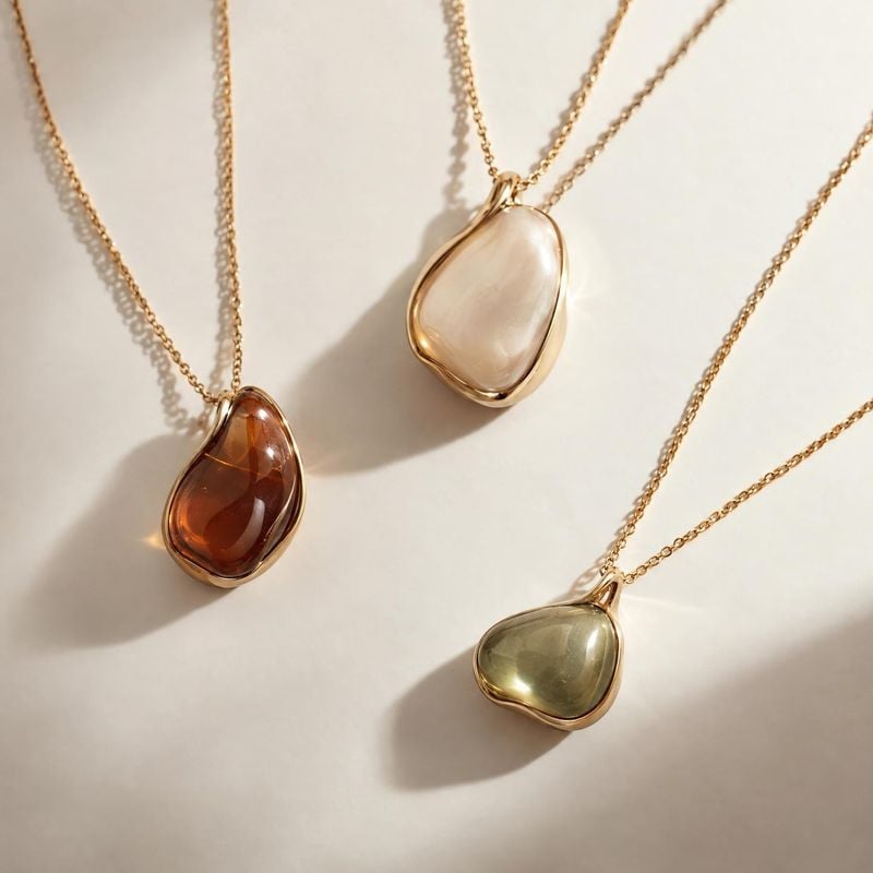 pendant necklaces flat lay product photo: Three gold-tone pendant necklaces with translucent stones are arranged on a pale surface, their soft shadows and warm…