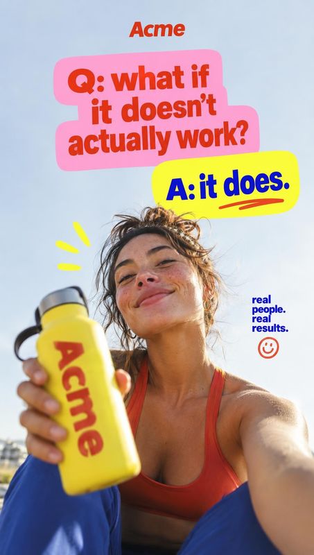 yellow bottle sports product photo: An athletic woman in a red sports top holds a bright yellow bottle toward the camera beneath bold red, pink, and yellow que…