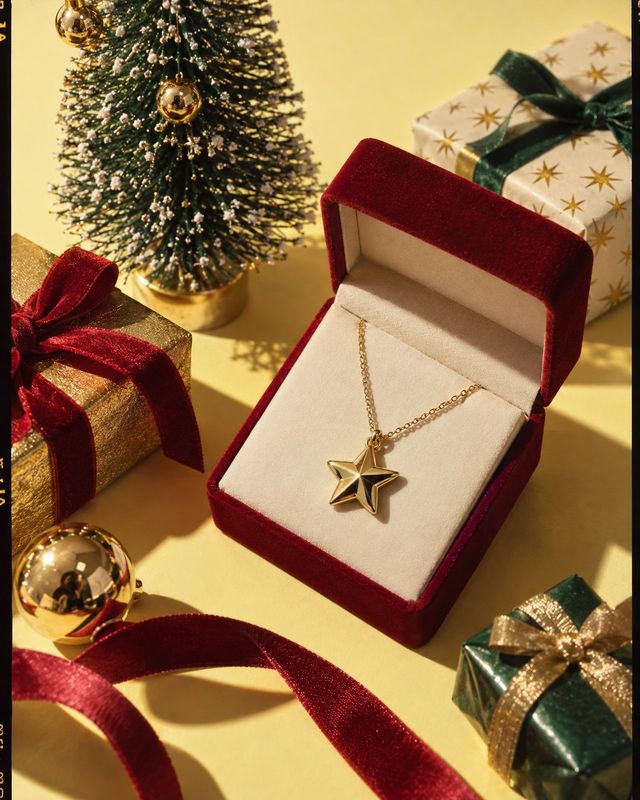gold star pendant necklace christmas product photo: A gold star pendant necklace rests in an open burgundy velvet box among wrapped gifts and a small decorated…