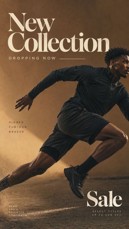athletic apparel action & motion product photo: A male athlete sprints across a dusty outdoor setting in dark performance apparel, framed by warm dramatic ligh…