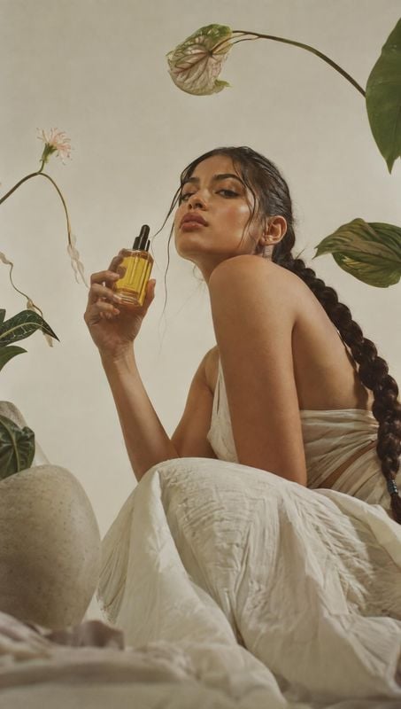 oil bottle product in hand product photo: A woman in softly draped cream fabric holds a small amber oil bottle among oversized leafy plants, lit in warm, diffu…