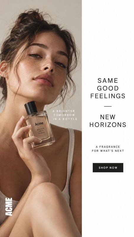 perfume bottle product in hand product photo: A woman holds a clear perfume bottle near her neck against a warm neutral backdrop, paired with a crisp white pan…