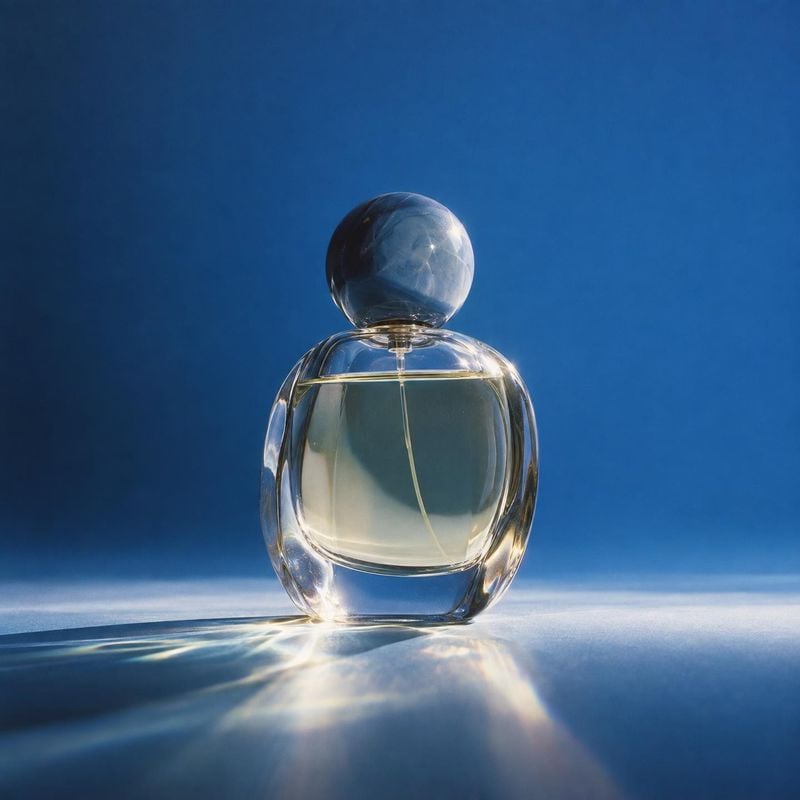 perfume beauty product photo: A clear glass perfume bottle stands alone against a rich blue studio backdrop, with crisp highlights and reflections creating a c…