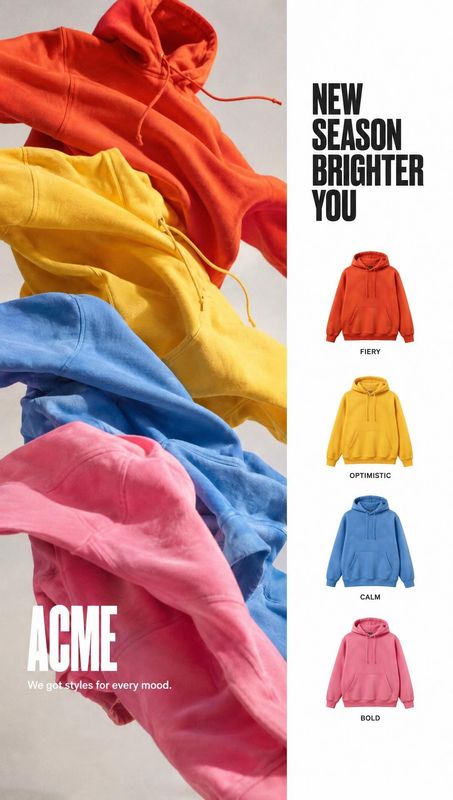 hoodies group lineup product photo: A graphic apparel campaign pairs a colorful pile of hoodies with individual colorways and bold black headline type on a cle…
