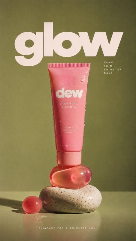 brightening gel cream texture / swatch product photo: A pink gel cream tube balances on glossy and stone-like spheres against an olive-green studio backdrop, w…