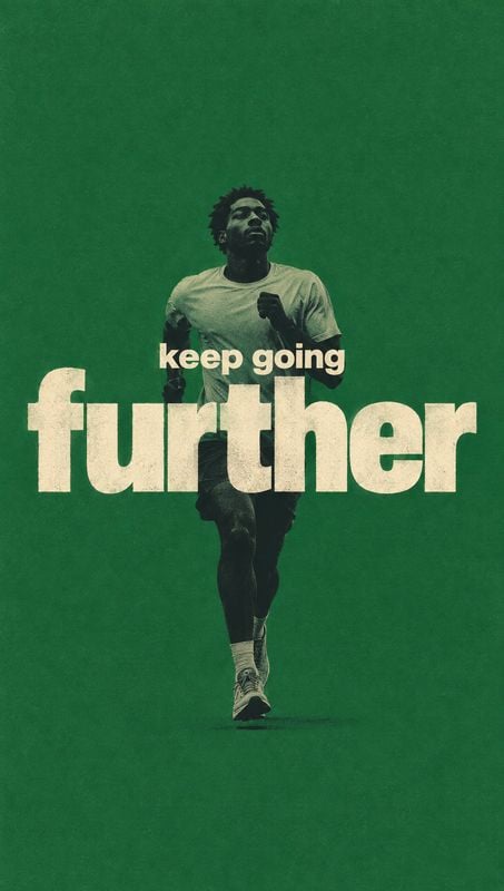 action & motion product photo: A male runner strides forward against a textured green backdrop, with oversized cream typography and a gritty, motivational mood.