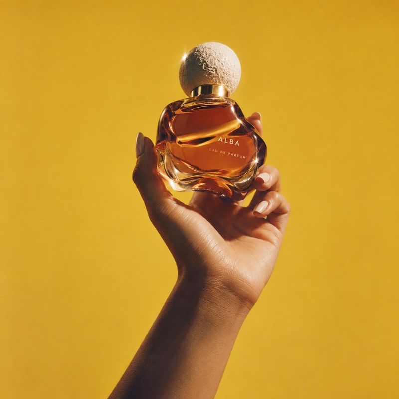 perfume product in hand product photo: A hand with manicured nails presents an amber perfume bottle against a vivid yellow studio backdrop, with warm direction…