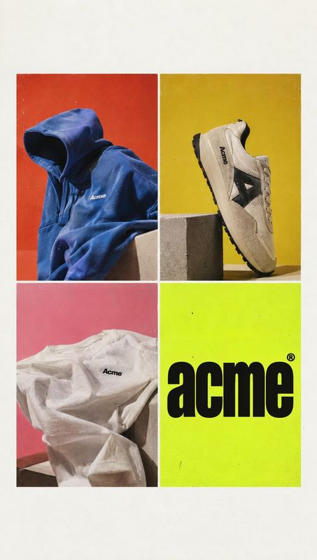 hoodie, T-shirt and sneaker group lineup product photo: A four-panel graphic pairs a blue hoodie, white sneaker and draped T-shirt against bold color fields, w…