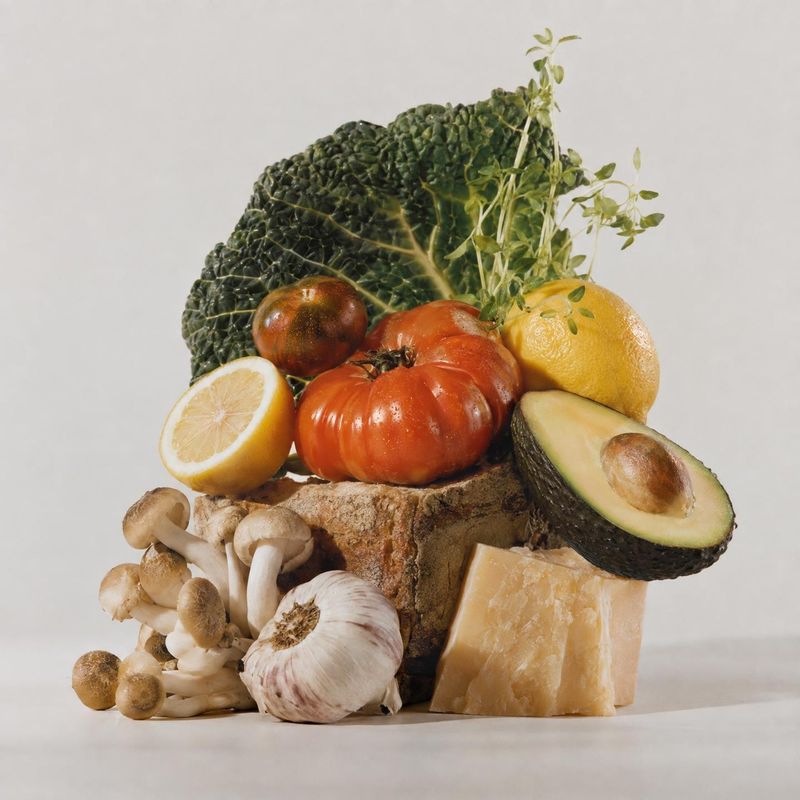 assorted fresh produce and ingredients ingredients product photo: A carefully stacked still life of tomatoes, citrus, avocado, mushrooms, garlic, kale and chee…