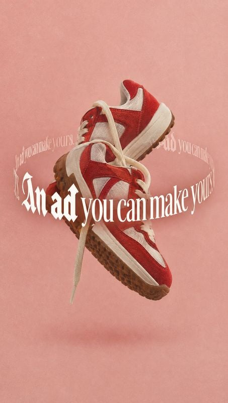 red sneakers floating product product photo: Red-and-cream sneakers float against a dusty pink backdrop, framed by curved white display lettering for a playful…