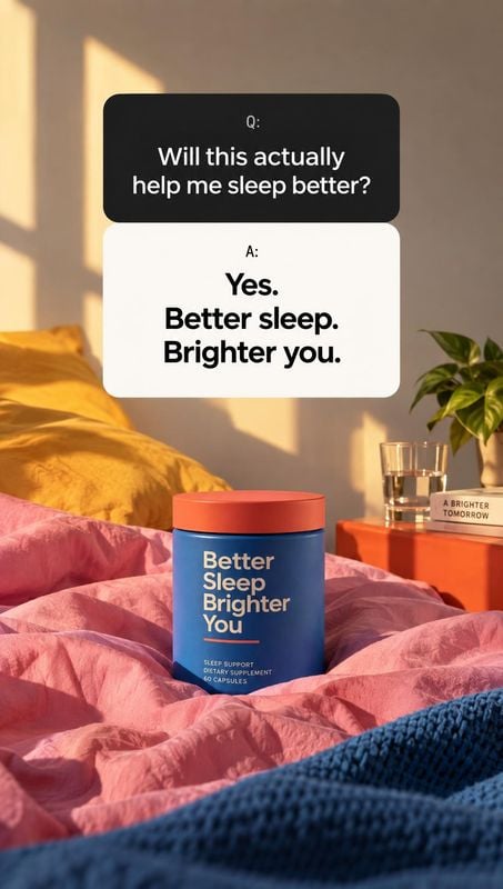 sleep support supplement capsules personal care product photo: A blue sleep-support supplement jar sits among rumpled pink bedding in a warmly sunlit bedroom,…