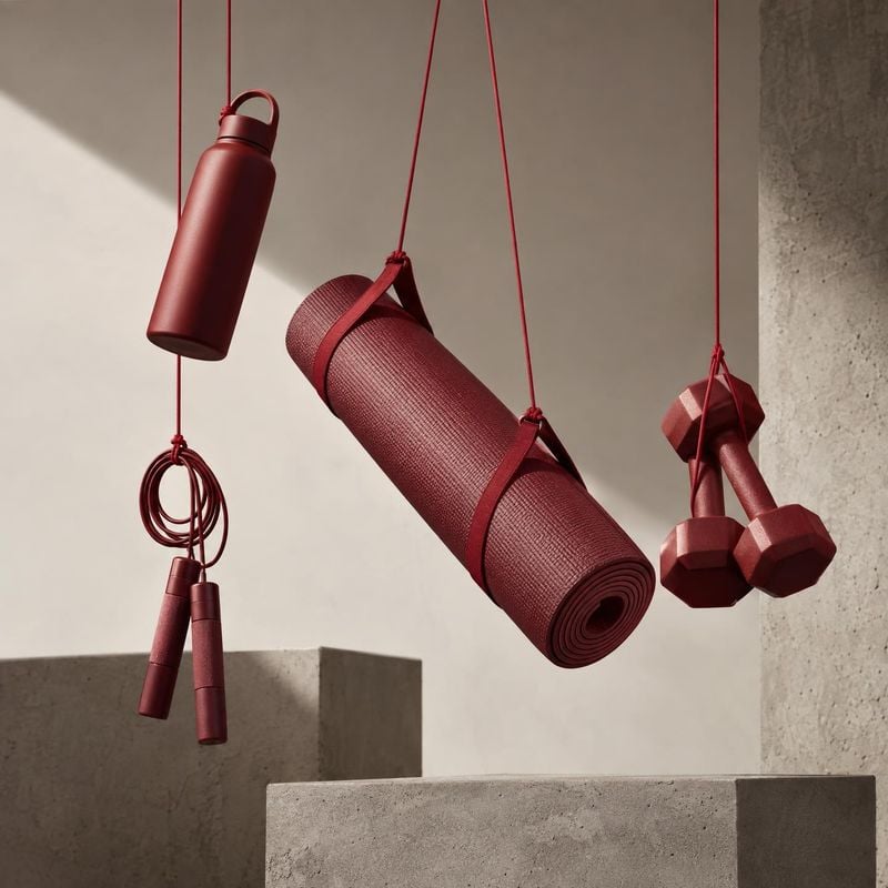 fitness equipment set sports product photo: A coordinated burgundy fitness set—including a water bottle, rolled exercise mat, jump rope and dumbbells—hangs aga…