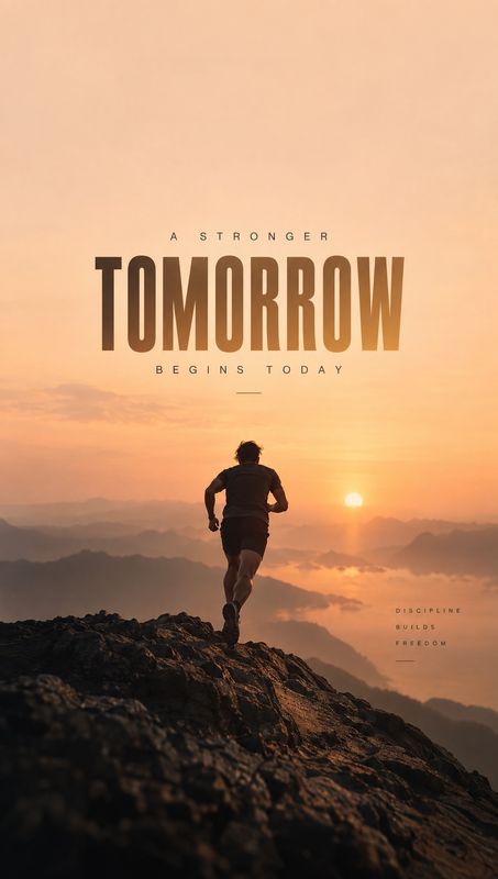 action & motion product photo: A lone runner climbs a rocky ridge toward a glowing sunrise, silhouetted against a hazy mountain landscape beneath bold motivati…