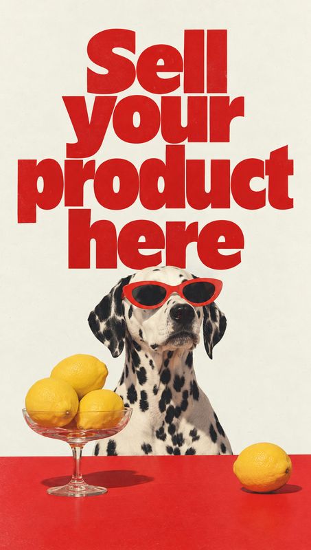 lemons ingredients product photo: A Dalmatian wearing red sunglasses sits behind a red tabletop with lemons in a glass dish, beneath oversized red display type…