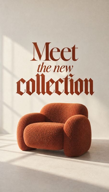 upholstered lounge chair room set product photo: A rust-colored, boucle-textured lounge chair sits in a softly sunlit minimal interior beneath large burgundy d…